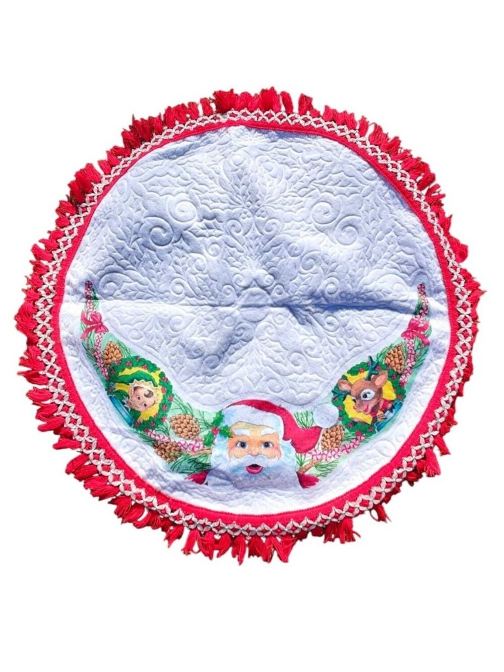 Vintage Felt Santa Christmas Tree Skirt Round Fringe Red & White Holiday Decor